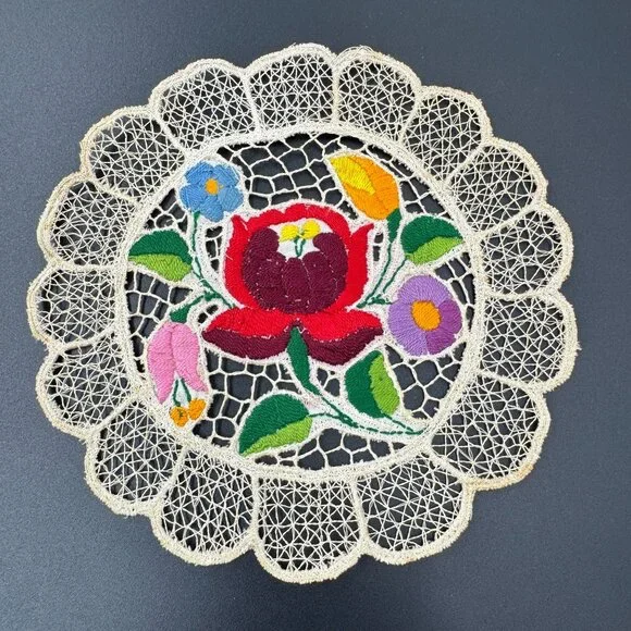 Kalocsa Hungarian Hand Embroidered Doily With Kalocsai Floral Lace Design - Picture 6 of 7